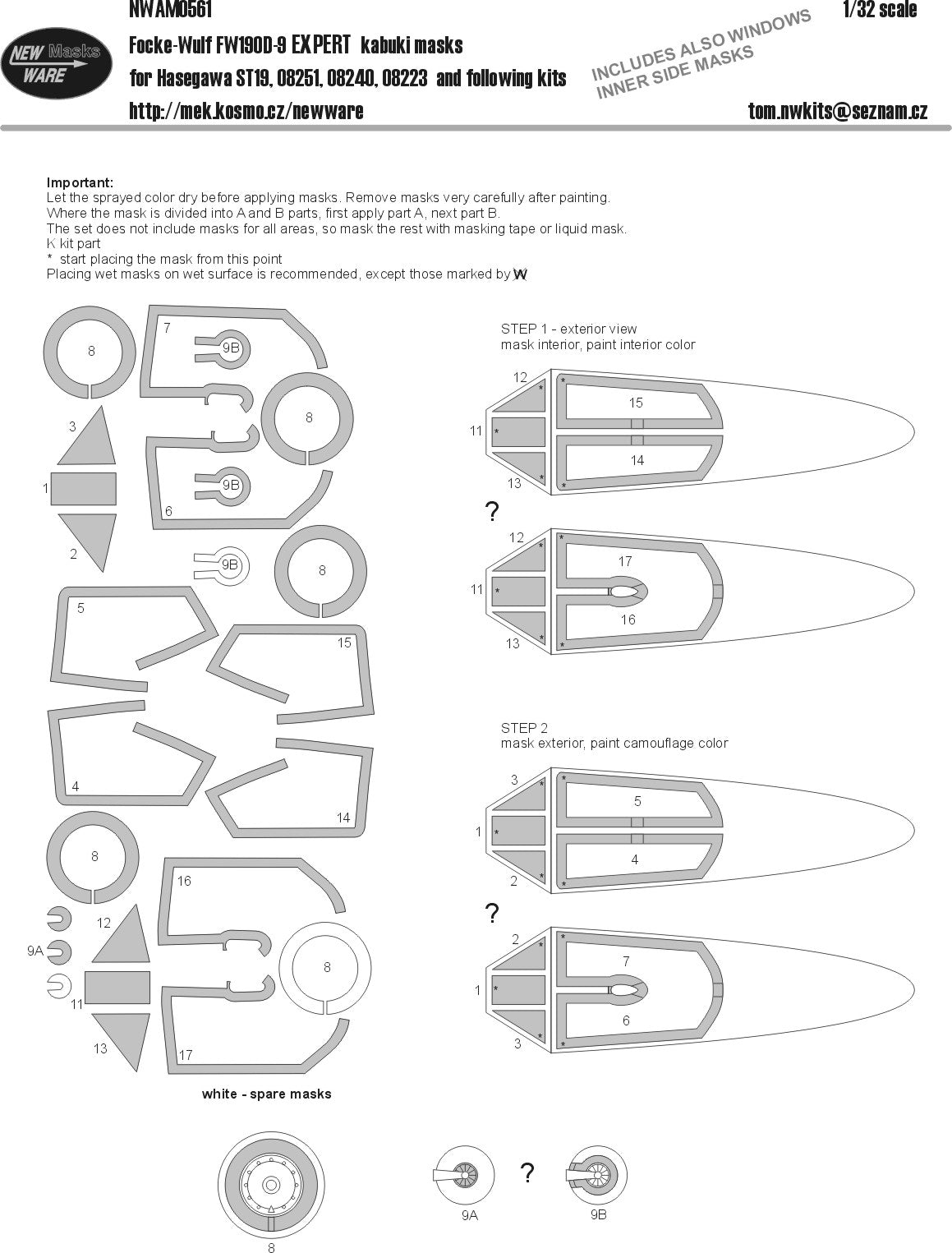 New Ware NWAM0561 1:32 Focke-Wulf Fw-190D-9 EXPERT kabuki masks aircraft canopy