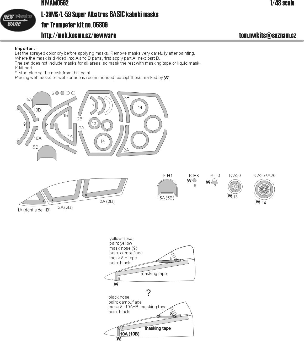 New Ware NWAM0562 1:48 Aero L-39MS/L-59 Albatros Basic Kabuki Masks