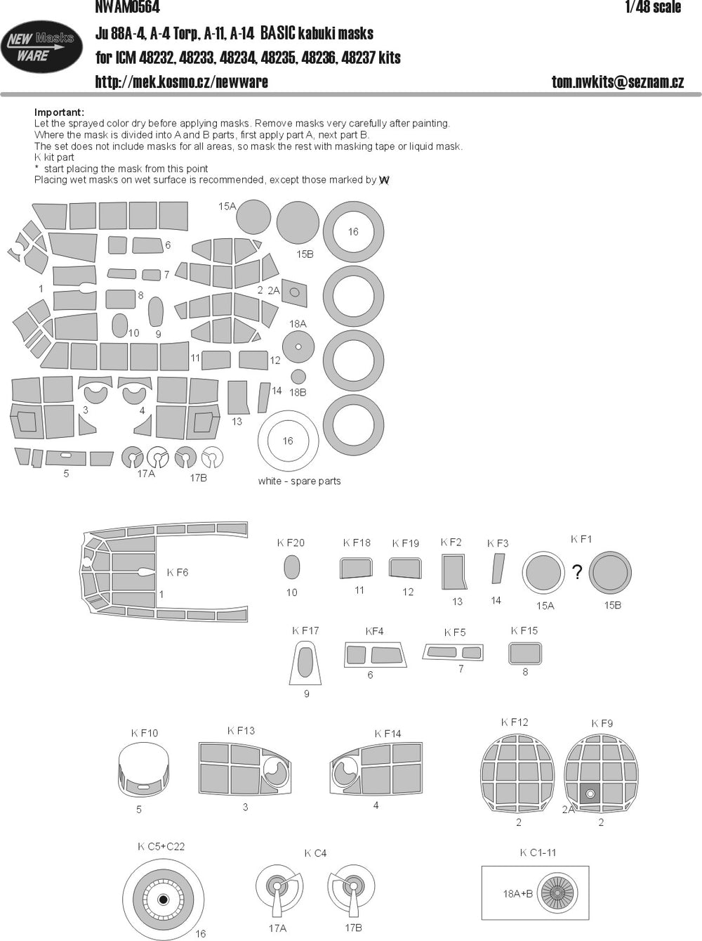 New Ware NWAM0564 1:48 Junkers Ju-88A-4 Basic Kabuki Masks