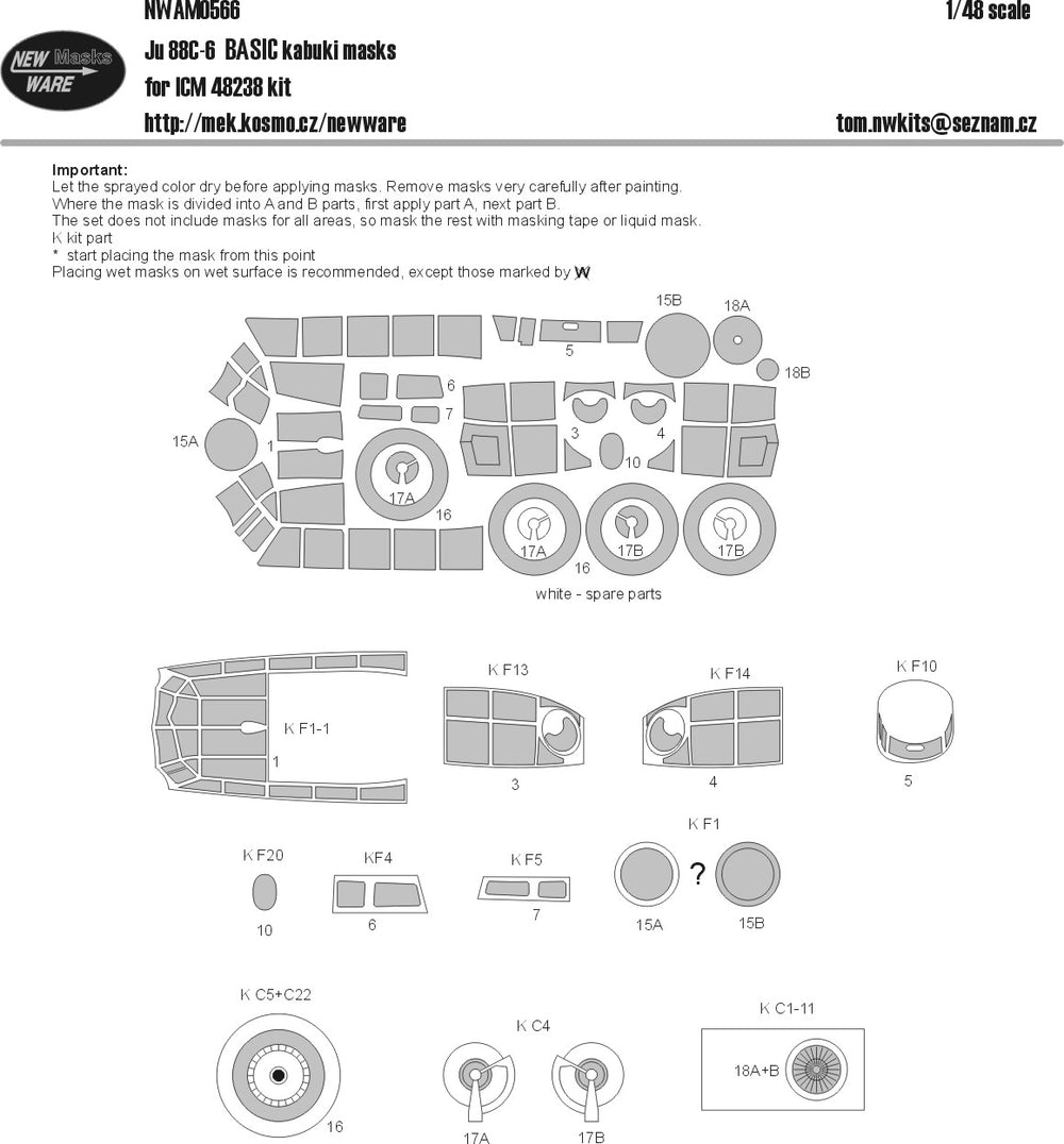 New Ware NWAM0566 1:48 Junkers Ju-88C-6 Basic Kabuki Masks