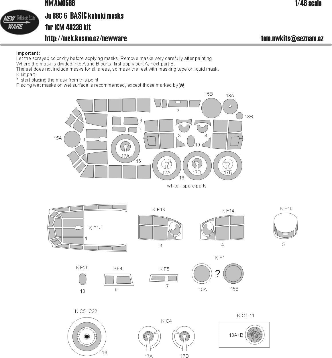 New Ware NWAM0566 1:48 Junkers Ju-88C-6 Basic Kabuki Masks