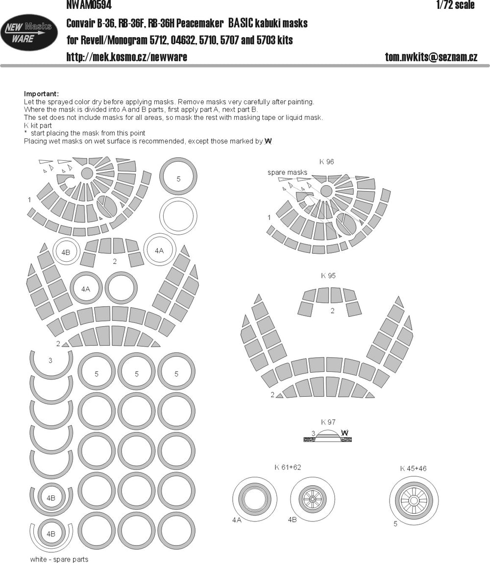 New Ware NWAM0594 1:72 Convair B-36 Peacemaker Basic Kabuki Masks