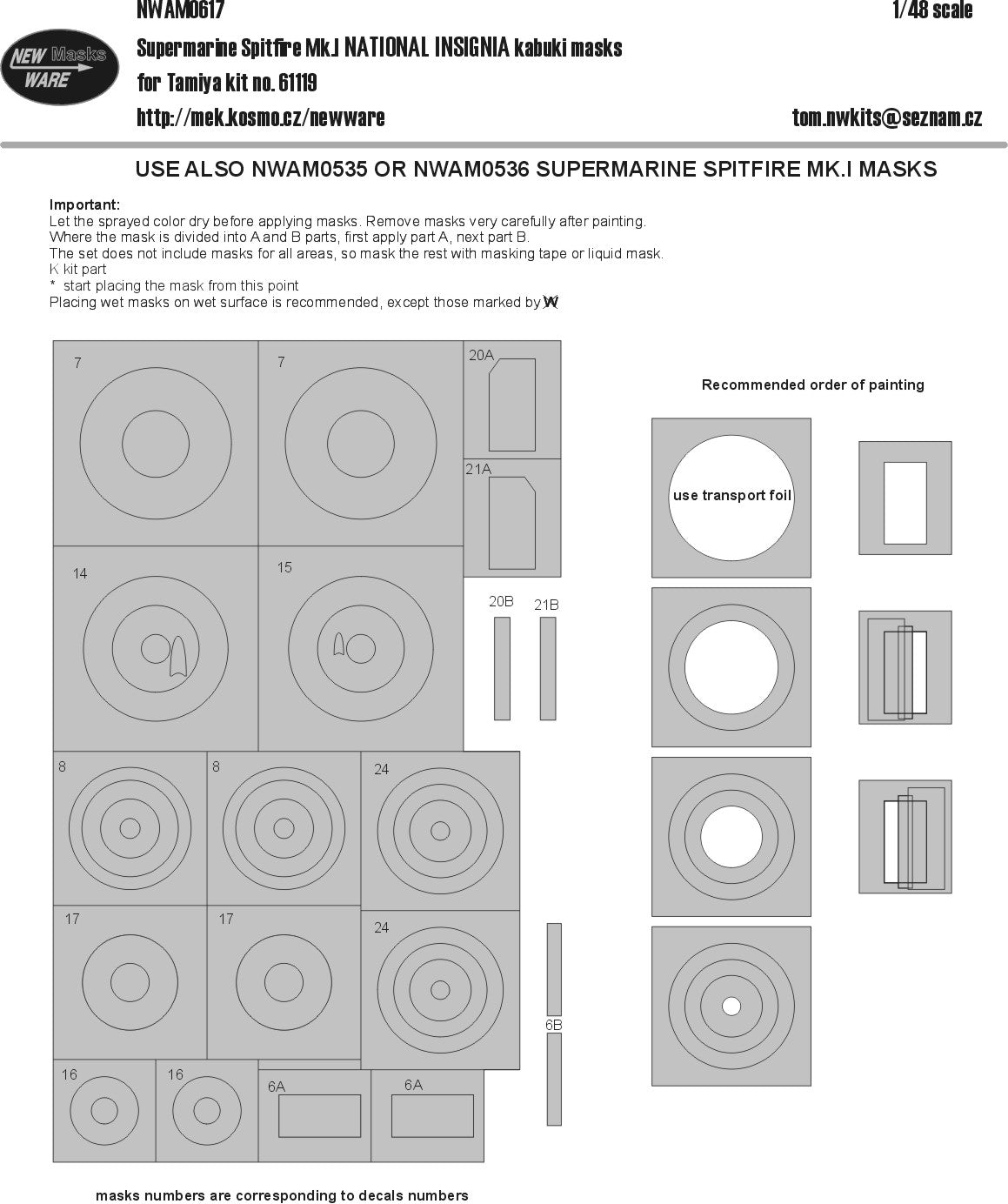 New Ware NWAM0617 1:48 Supermarine Spitfire Mk.1 NATIONAL INSIGNIA kabuki masks