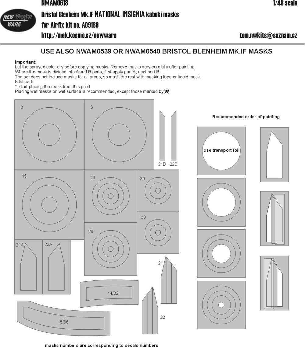 New Ware NWAM0618 1:48 Bristol Blenheim Mk.IF NATIONAL INSIGNIA kabuki masks