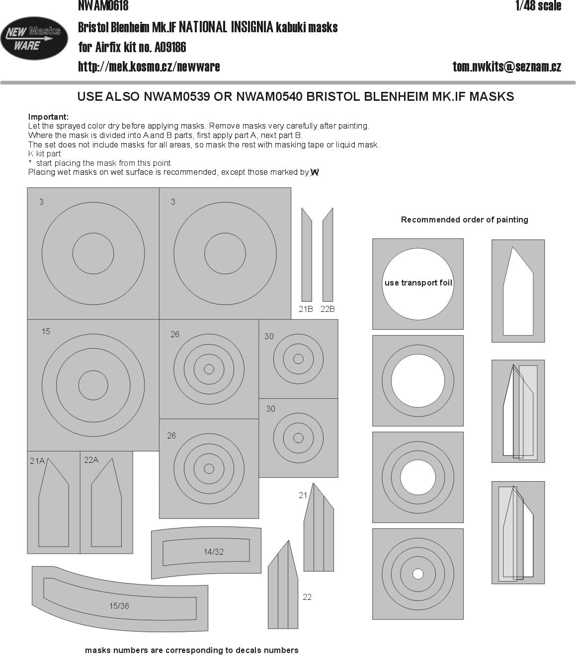 New Ware NWAM0618 1:48 Bristol Blenheim Mk.IF NATIONAL INSIGNIA kabuki masks