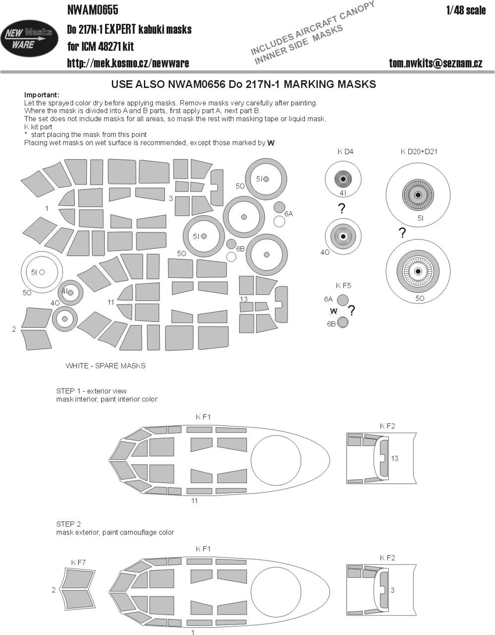 New Ware NWAM0655 1:48 Dornier Do-217N-1 Expert Kabuki Masks
