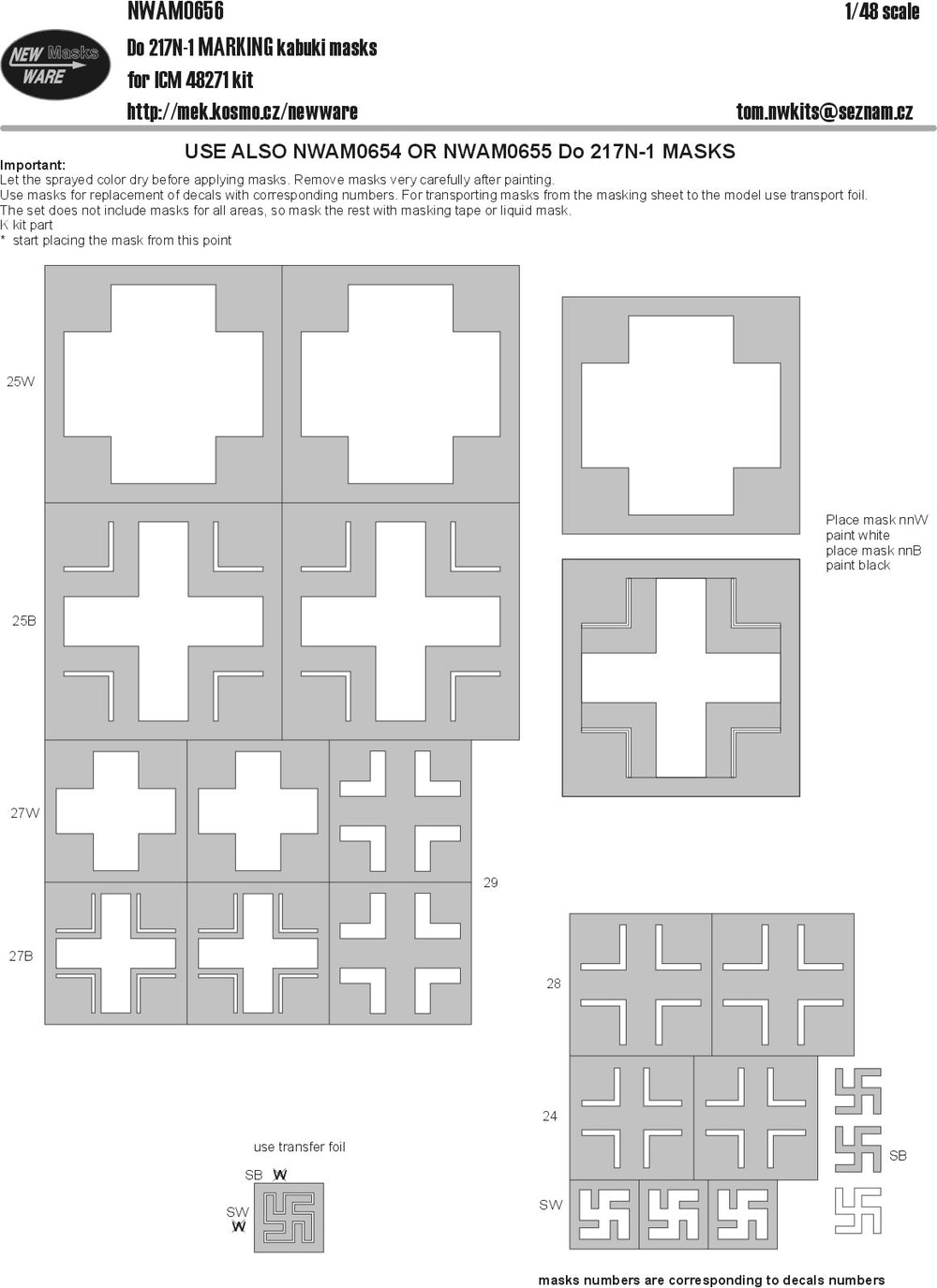 New Ware NWAM0656 1:48 Dornier Do-217N-1 National Insignia markings kabuki masks