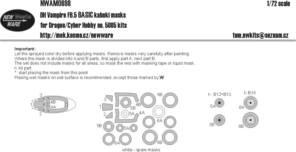 New Ware NWAM0698 1:72 de Havilland Vampire FB.5 Paint Mask BASIC