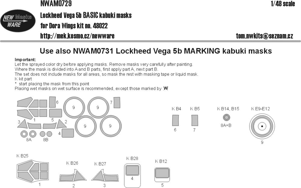 New Ware NWAM0729 1:48 Lockheed Vega 5b Basic Kabuki Masks