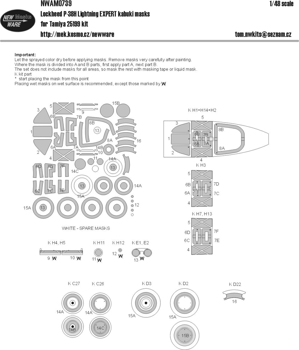 New Ware NWAM0739 1:48 P-38H Lightning Basic Kabuki Masks