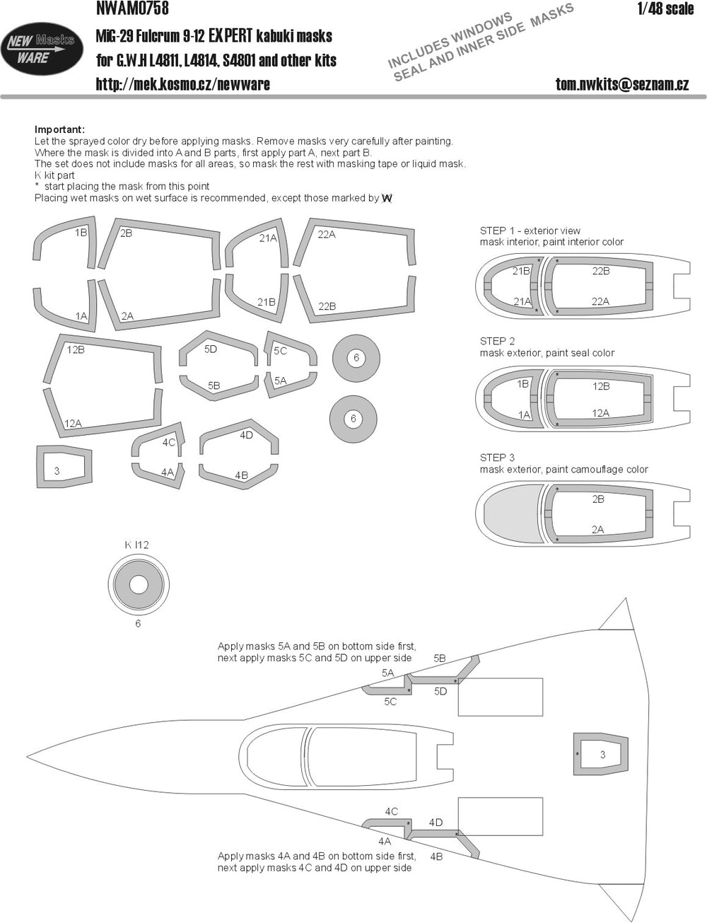 New Ware NWAM0758 1:48 MiG-29 Fulcrum 9-12 Expert Masks