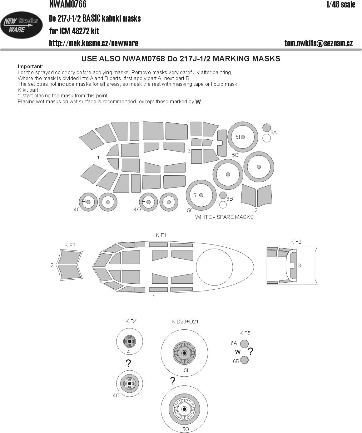 New Ware NWAM0766 1:48 Dornier Do-217J-1/2 Basic Kabuki Masks