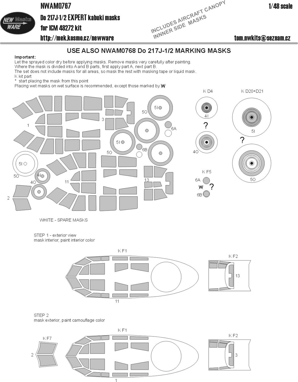 New Ware NWAM0767 1:48 Dornier Do-217J-1/2 Expert Kabuki Masks
