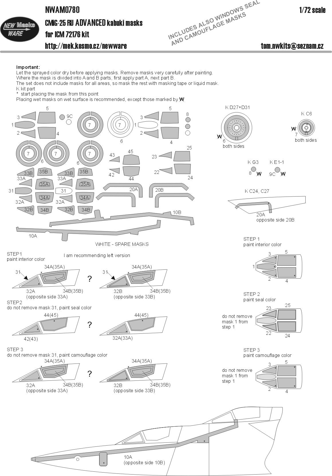 New Ware NWAM0780 1:72 MiG-25RU Advanced Kabuki Masks