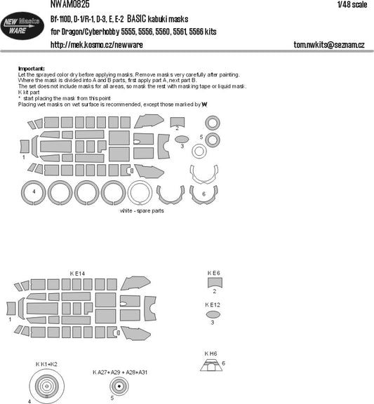 New Ware NWAM0825 1:48 Bf-110D/E Basic Kabuki Masks