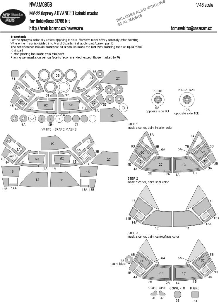 New Ware NWAM0858 1:48 Bell-Boeing MV-22 Osprey ADVANCED Kabuki Masks