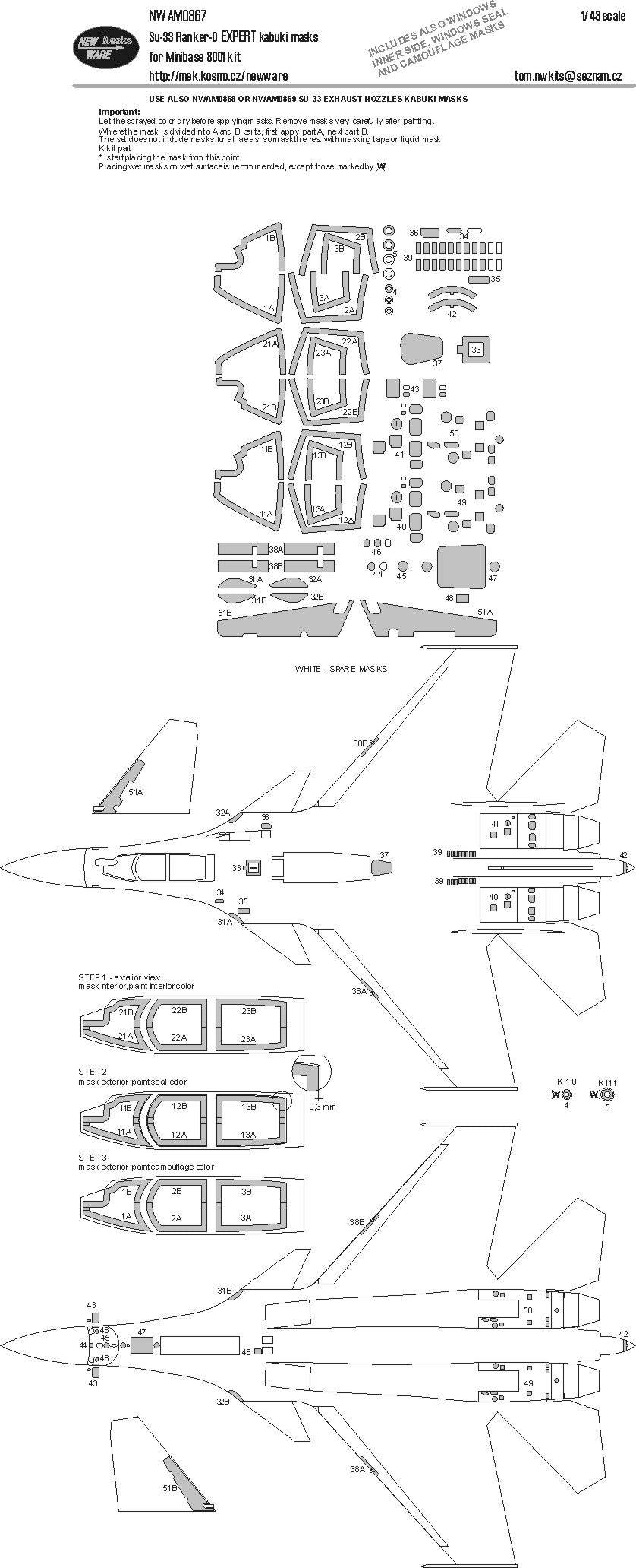 New Ware NWAM0867 1:48 Su-33 Flanker-D Expert Kabuki Masks
