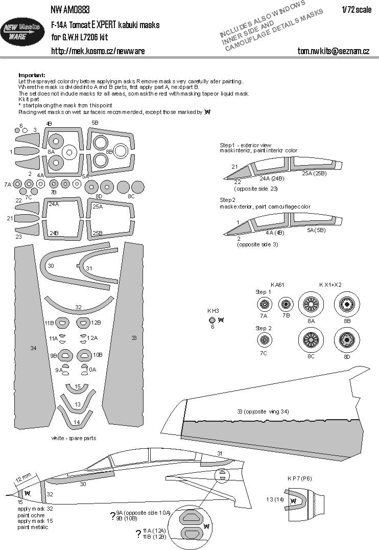 New Ware NWAM0883 1:72 Grumman F-14A Tomcat EXPERT kabuki masks