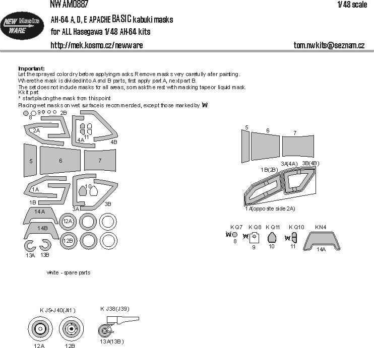 New Ware NWAM0887 1:48 Bell/Boeing AH-64 Apache A/D/E Canopy Mask BASIC