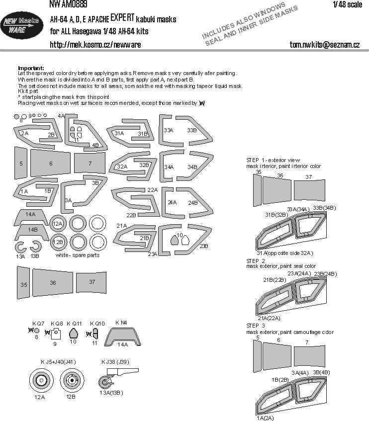New Ware NWAM0889 1:48 Bell/Boeing AH-64 Apache A/D/E Canopy Mask EXPERT