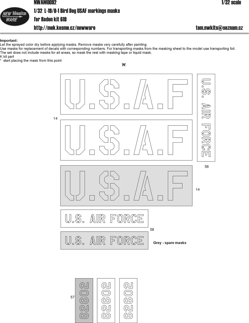 New Ware NWAM0092 1:32 Cessna L-19/O-1 Bird Dog USAF Marking Masks