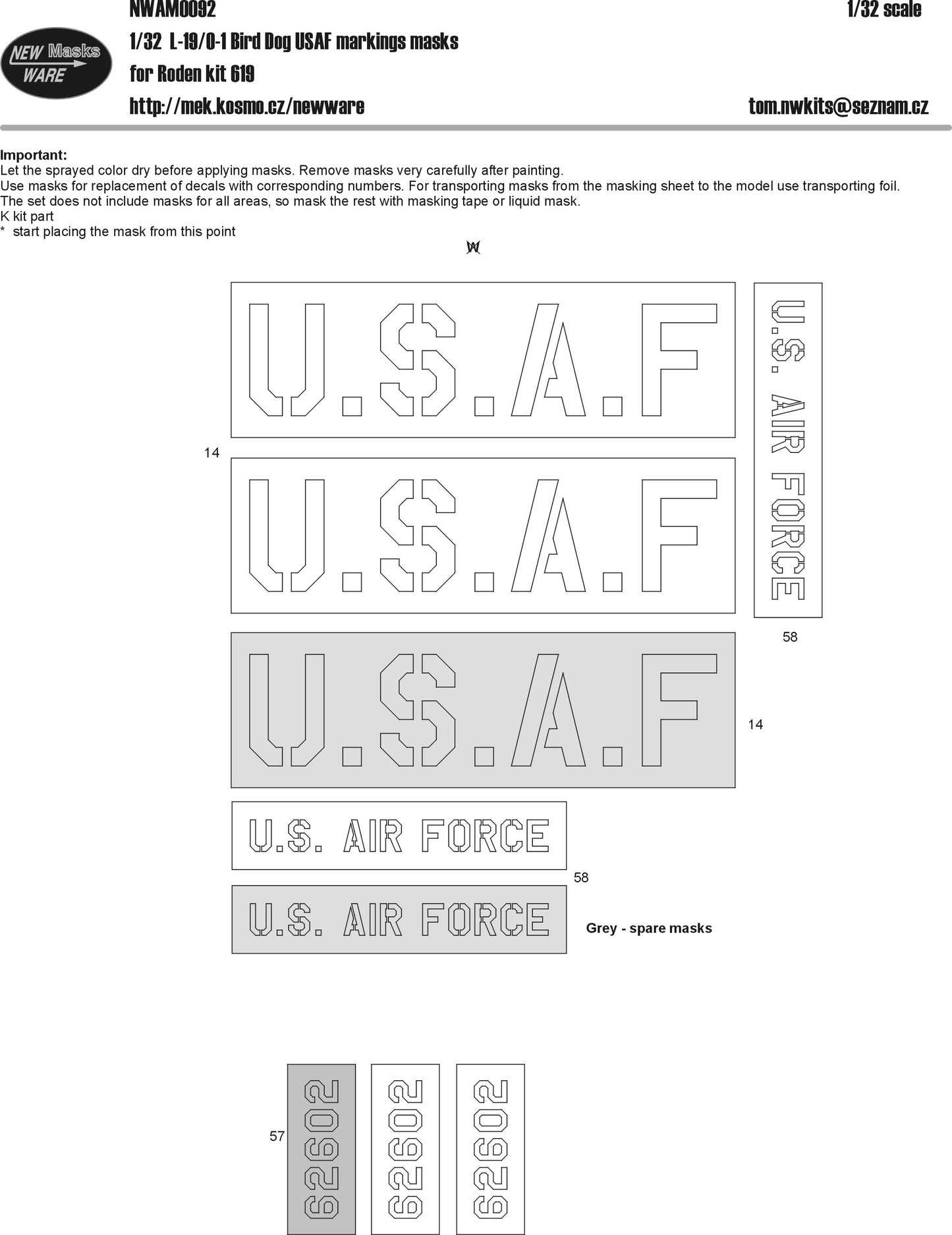 New Ware NWAM0092 1:32 Cessna L-19/O-1 Bird Dog USAF Marking Masks