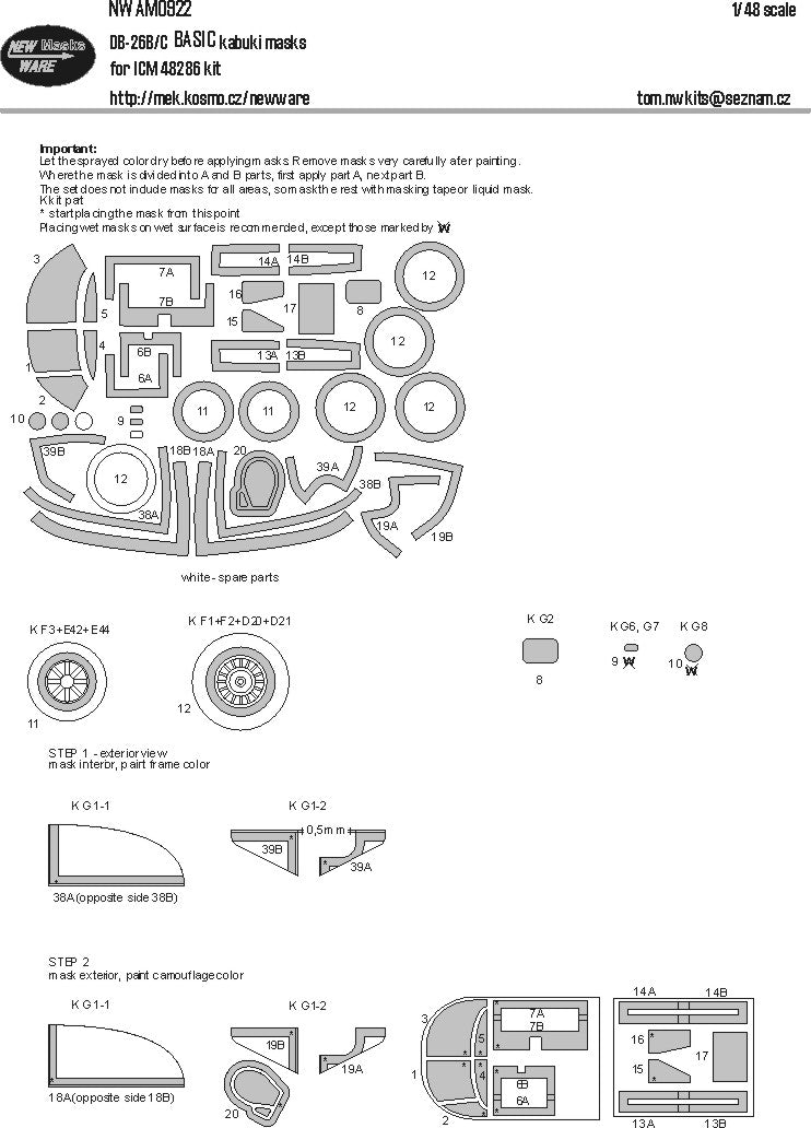 New Ware NWAM0922 1:48 Douglas DB-26B/C BASIC kabuki masks all windows, wheels