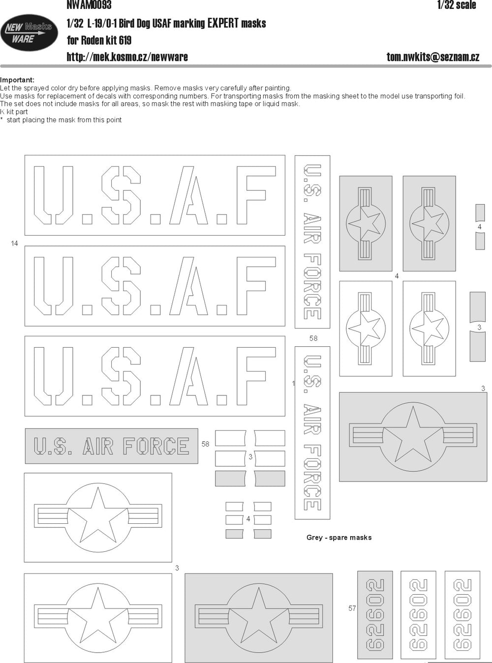 New Ware NWAM0093 1:32 Cessna L-19/O-1 Bird Dog USAF Marking Expert Masks