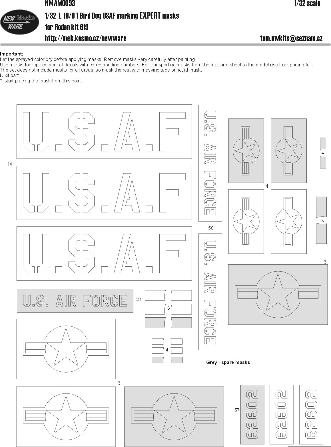 New Ware NWAM0093 1:32 Cessna L-19/O-1 Bird Dog USAF Marking Expert Masks