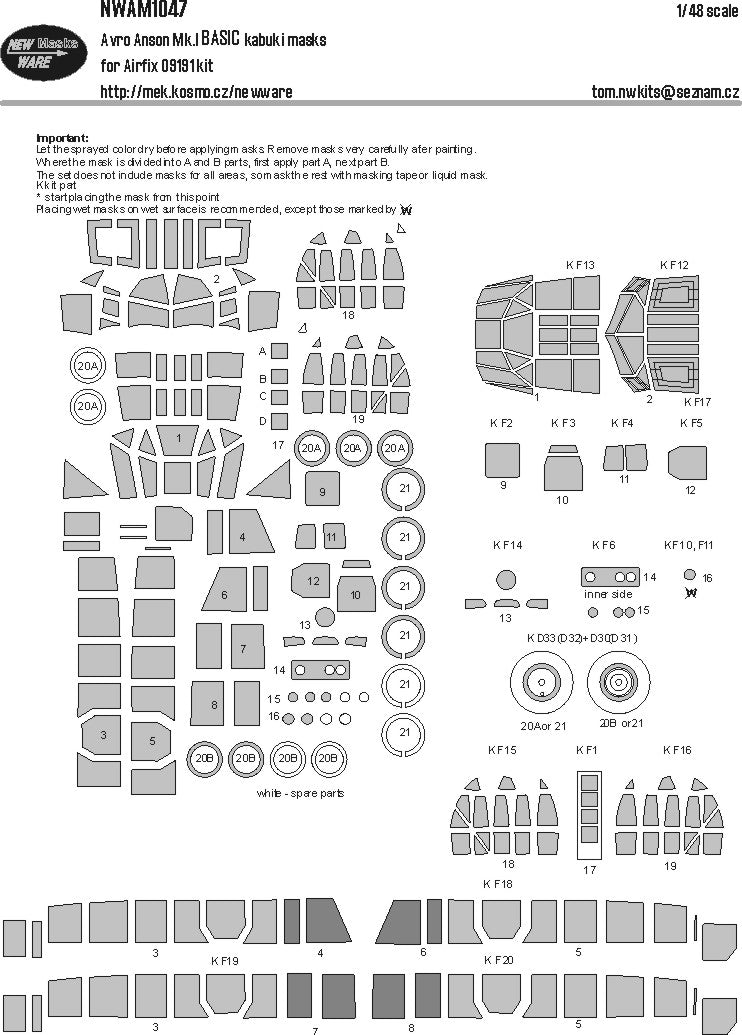 New Ware NWAM1047 1:48 Avro Anson Mk.I Basic Kabuki Masks
