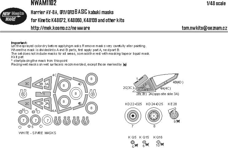 New Ware NWAM1102 1:48 AV-8A Harrier / GR1/GR3 Basic Masks