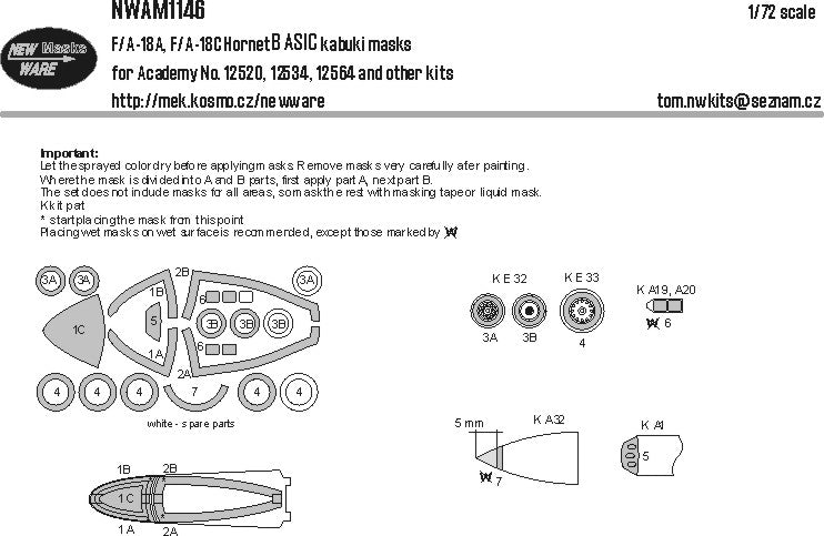 New Ware NWAM1146 1:72 F/A-18A/C Hornet Basic Kabuki Masks
