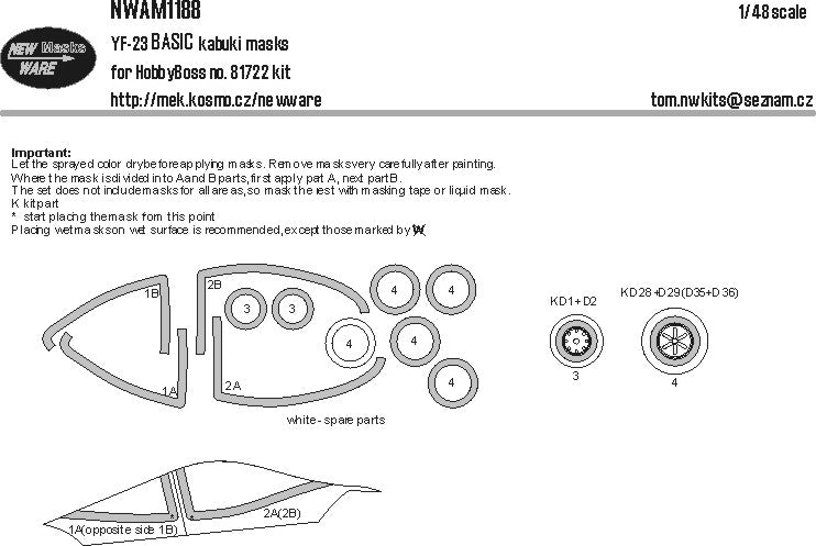 New Ware NWAM1188 1:48 Northrop YF-23 BASIC kabuki masks aircraft canopy, wheels