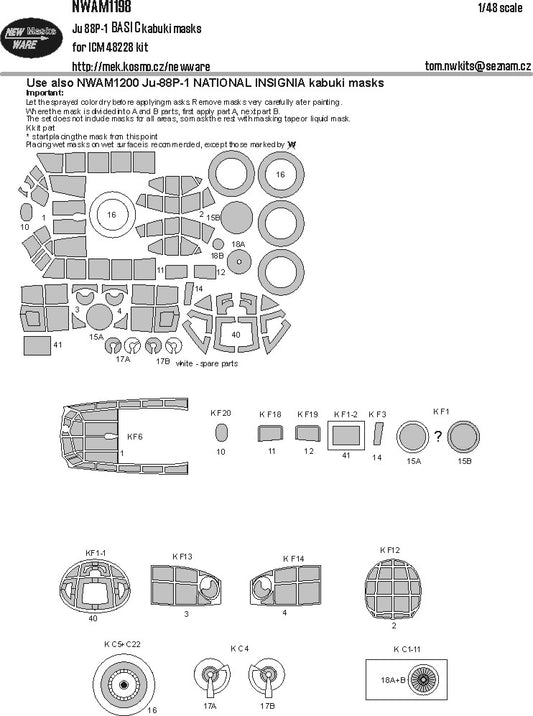 New Ware NWAM1198 1:48 Junkers Ju-88P-1 Basic Kabuki Masks
