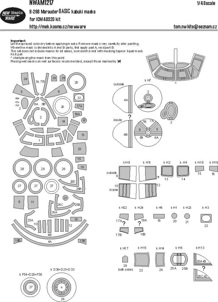 New Ware NWAM1217 1:48 Martin B-26B Marauder BASIC kabuki masks windows wheels