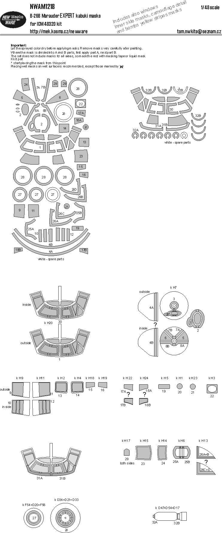 New Ware NWAM1218 1:48 Martin B-26B Marauder Expert Kabuki Masks