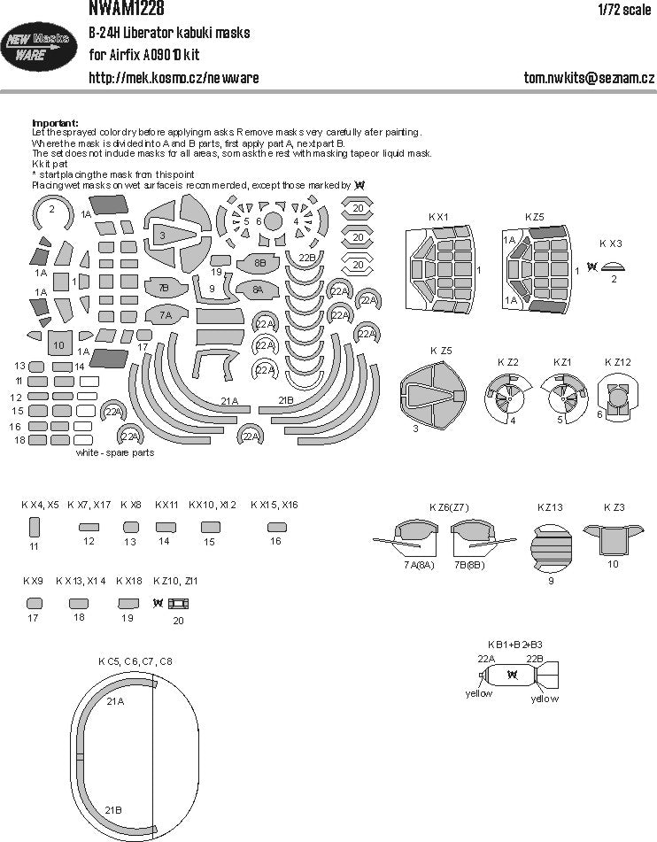 New Ware NWAM1228 1:72 Consolidated B-24H Liberator canopy frame paint masks