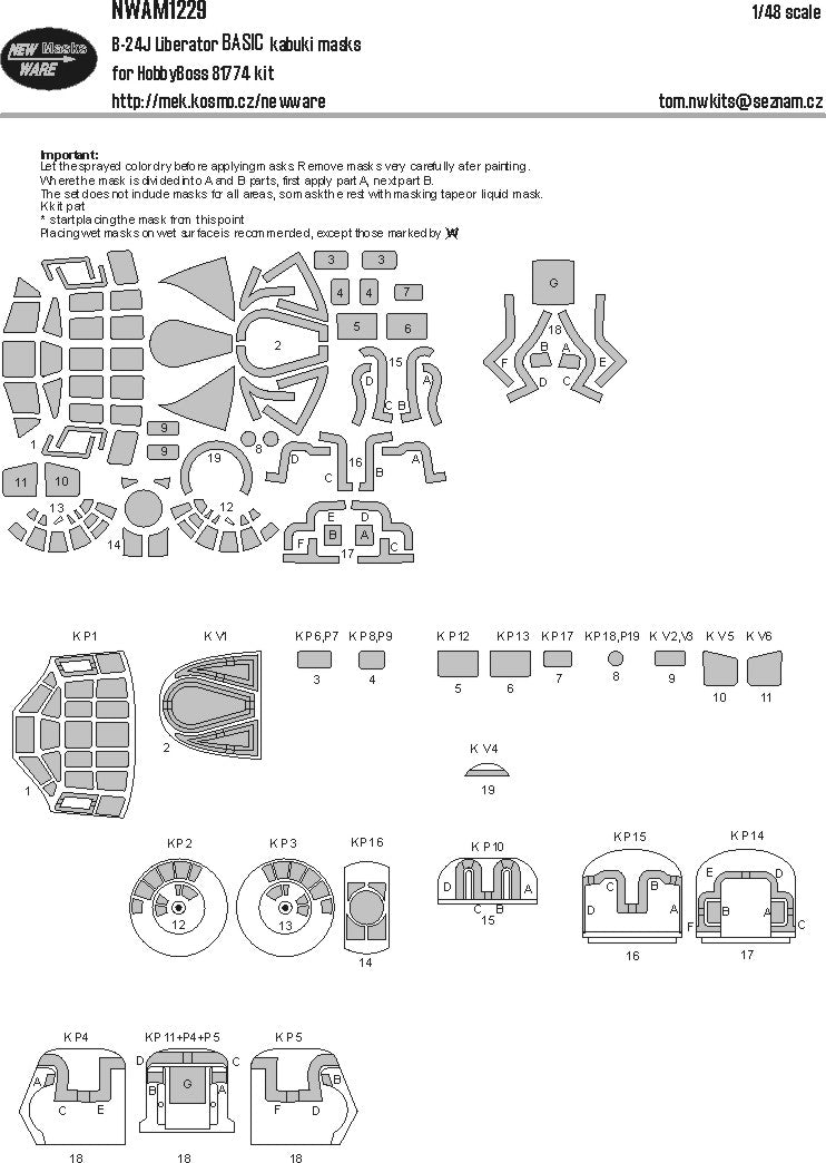 New Ware NWAM1229 1:48 Consolidated B-24J Liberator BASIC canopy masks