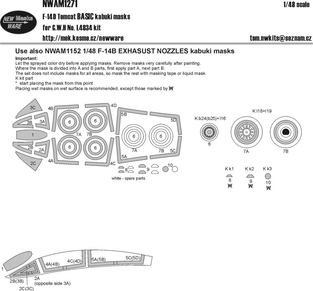 New Ware NWAM1271 1:48 Grumman F-14D Tomcat BASIC wheels & canopy masks