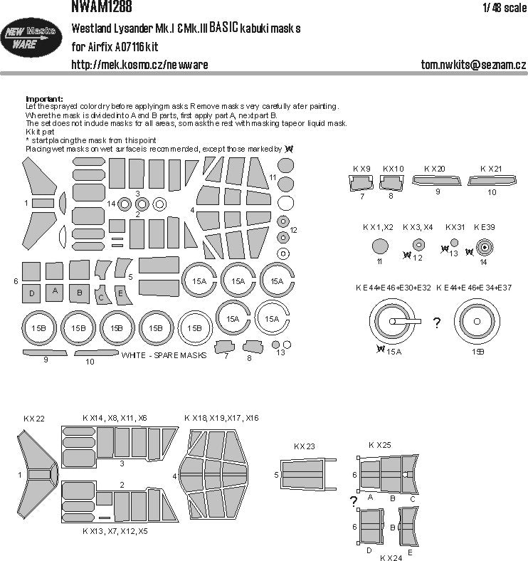 New Ware NWAM1288 1:48 Westland Lysander Mk.I/Mk.III BASIC kabuki masks