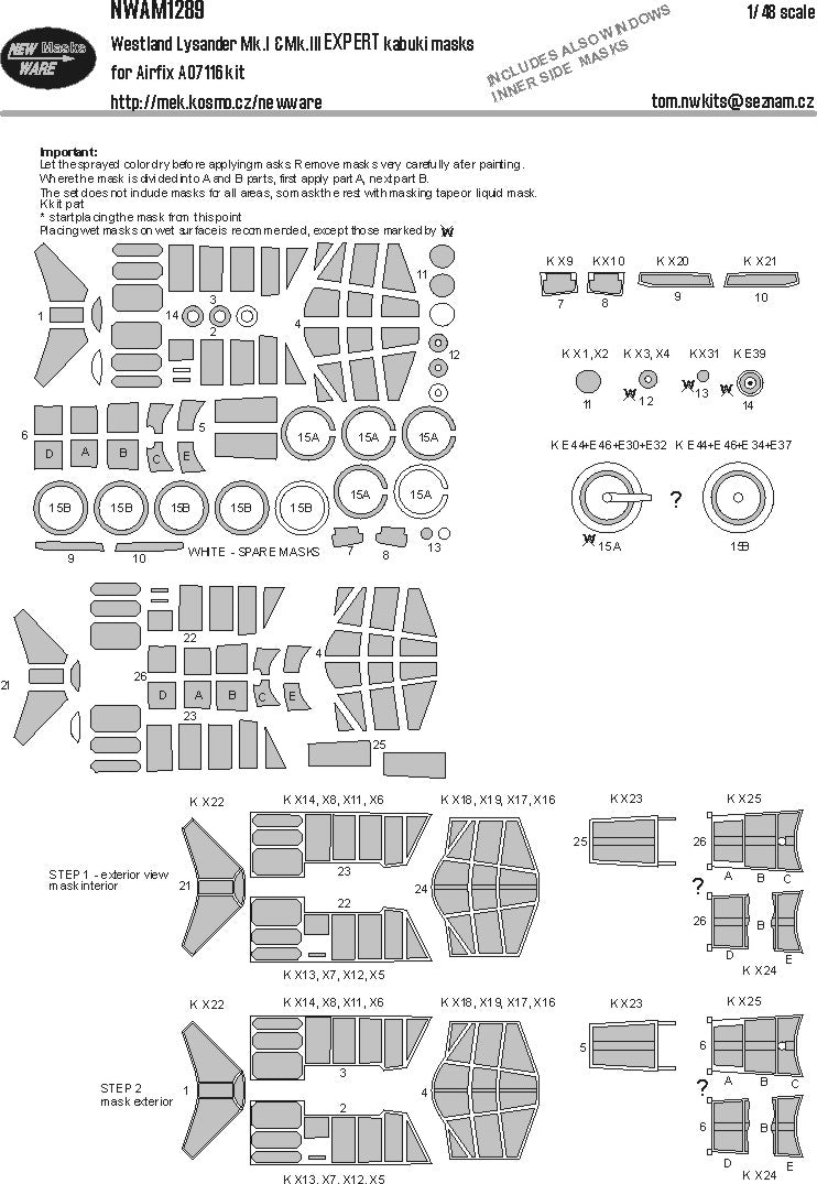 New Ware NWAM1289 1:48 Westland Lysander Mk.I/Mk.III EXPERT kabuki masks
