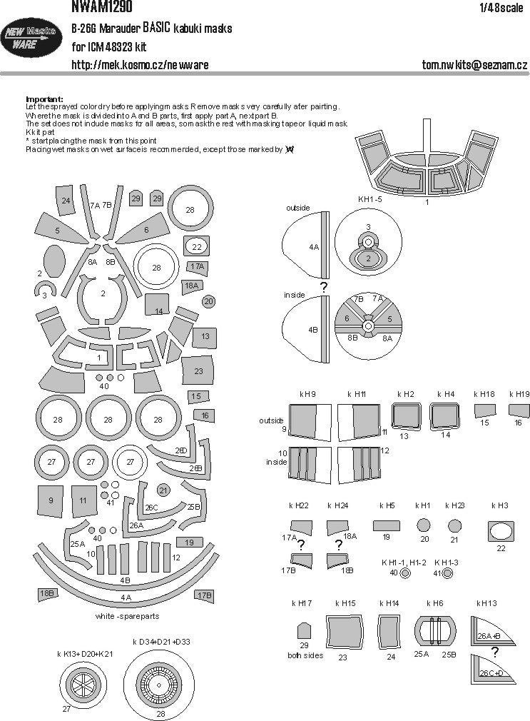 New Ware NWAM1290 1:48 Martin B-26G Marauder BASIC kabuki masks windows wheels