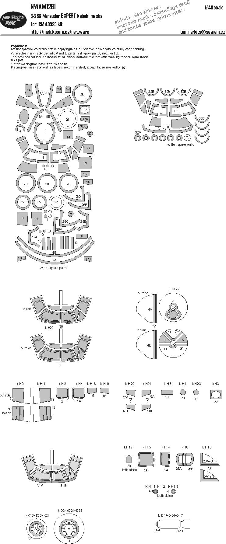 New Ware NWAM1291 1:48 Martin B-26G Marauder Expert Kabuki Masks