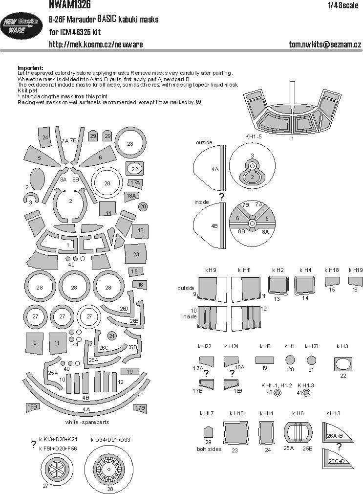 New Ware NWAM1326 1:48 Martin B-26F Marauder BASIC kabuki masks windows wheels