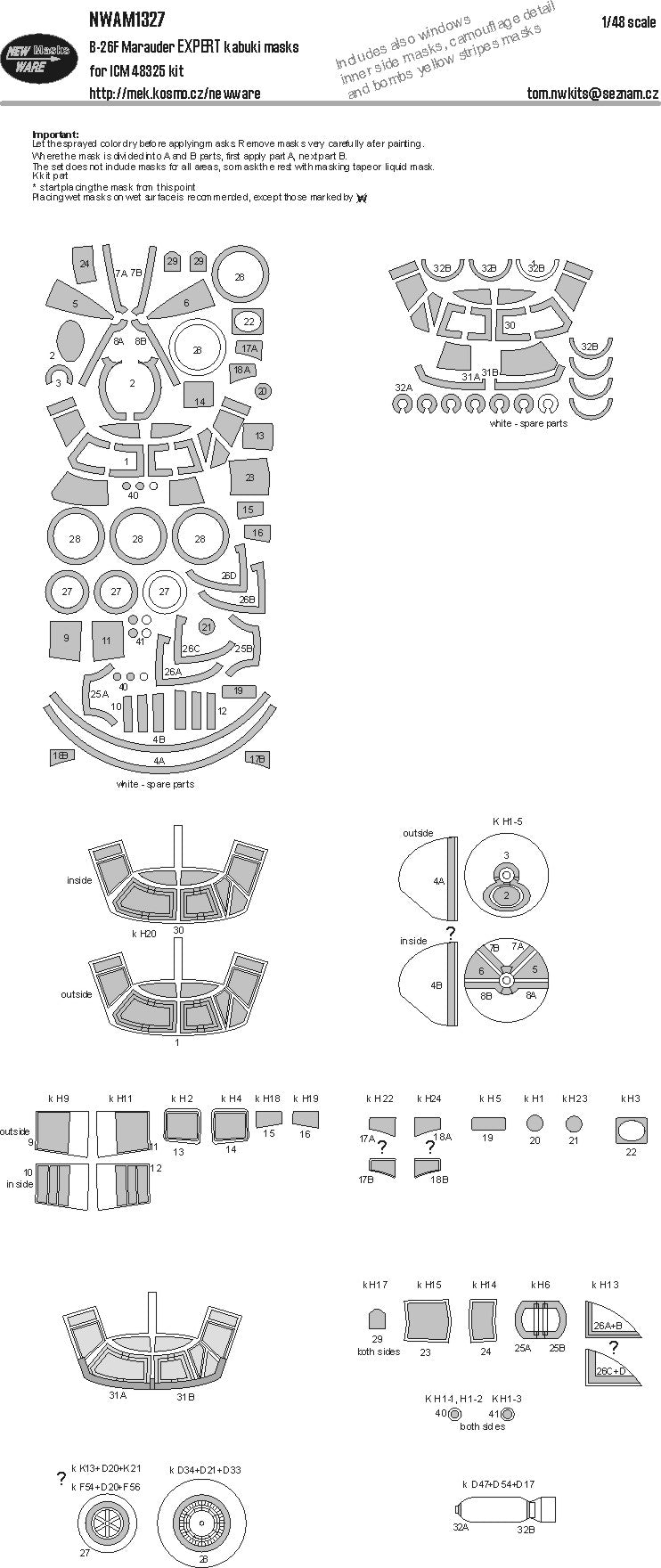New Ware NWAM1327 1:48 Martin B-26G Marauder Expert Kabuki Masks