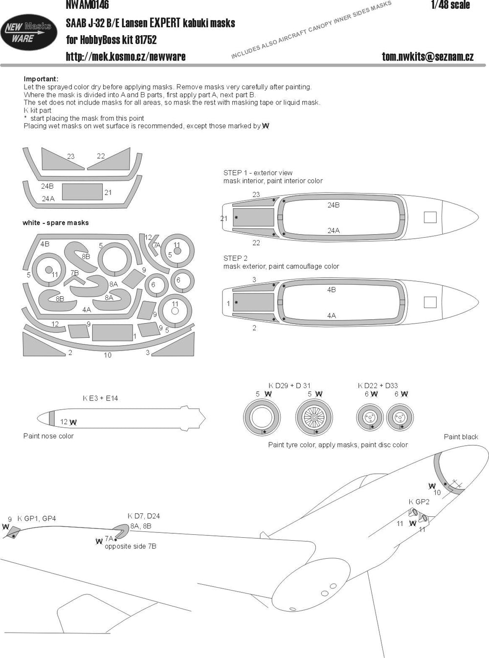 New Ware NWAM0146 1:48 Saab J-32B/E Lansen Expert Kabuki Masks