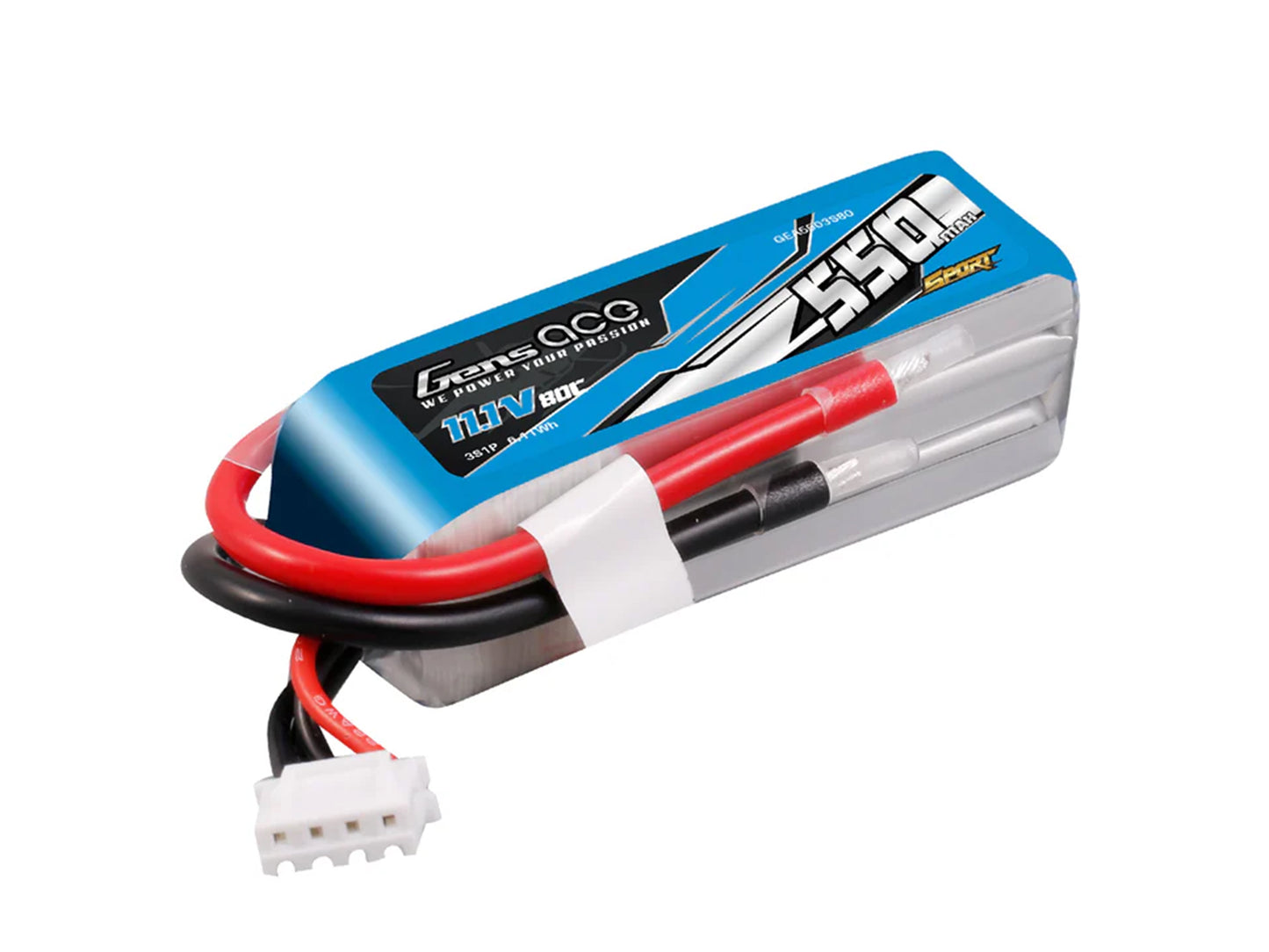 Gens Ace Li-Po Sport 3S 11.1V 550mAh 80C with No Plug G3S0550-80