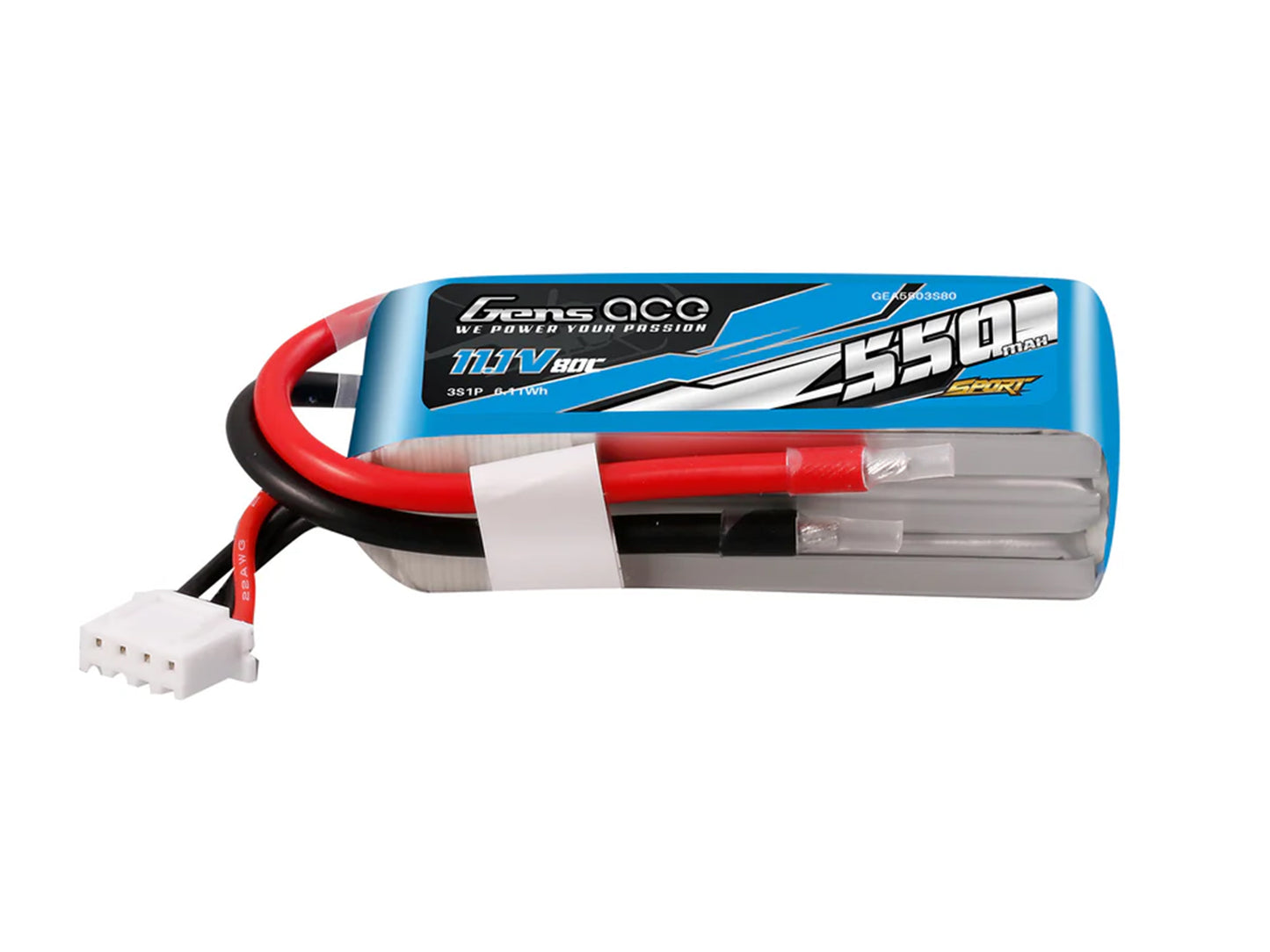 Gens Ace Li-Po Sport 3S 11.1V 550mAh 80C with No Plug G3S0550-80