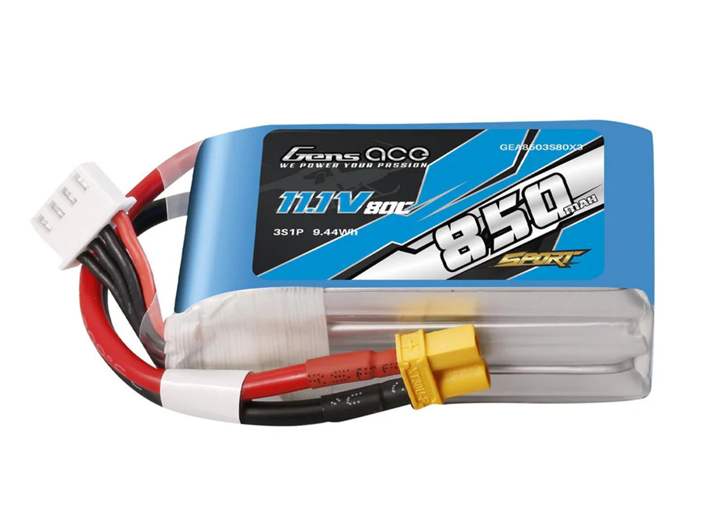 Gens Ace Li-Po 3S 11.1V 850mAh 80C with XT30 G3S0850-80X3