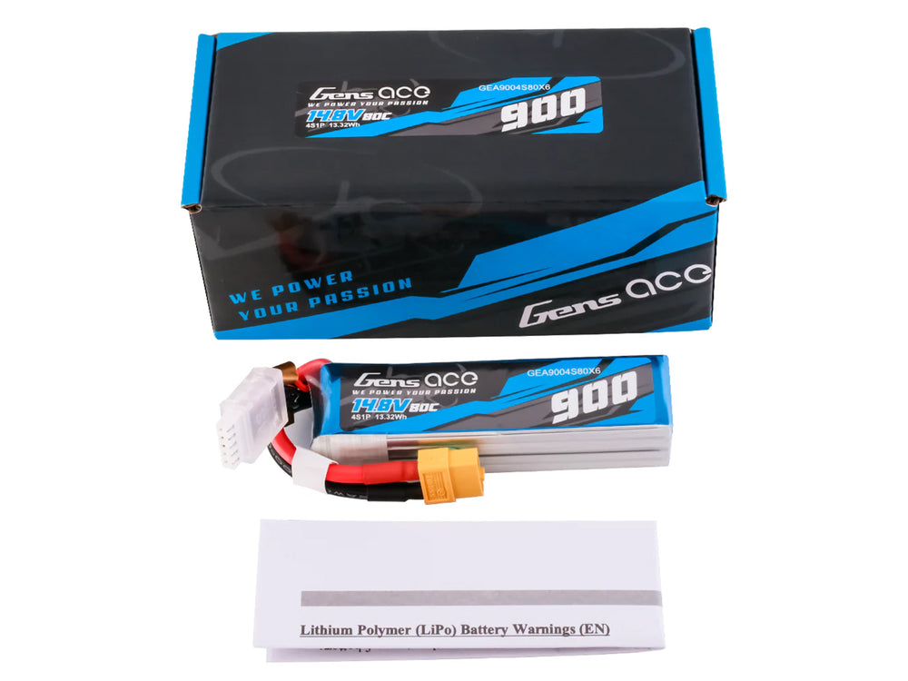 Gens Ace Li-Po 4S 14.8V 900mAh 80C with XT60 G4S0900-80X6